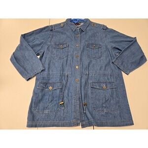 Denim & Co Women Blue Denim Utility Jacket Drawstring Waist Chore Coat Size XL